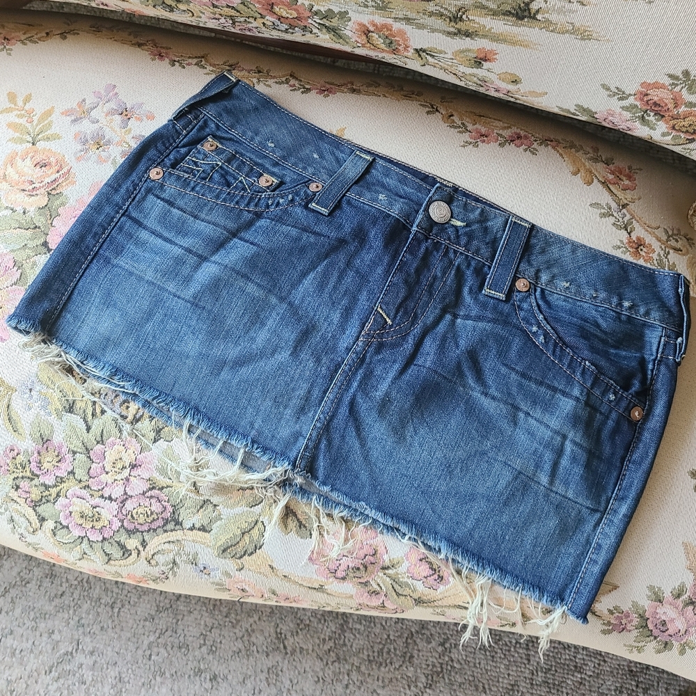 True Religion Dark Wash Distressed Micro Mini Denim Skirt